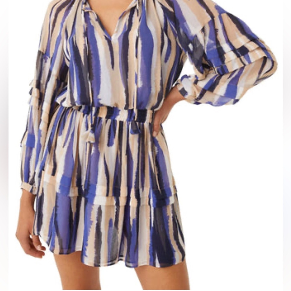 Misa Striped Blue and Beige Tiered Dress